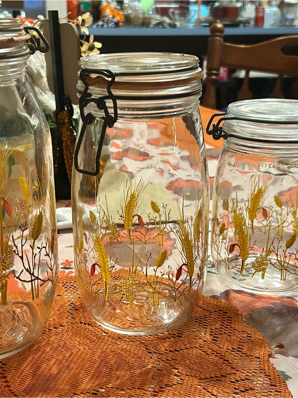 Set of 4; Vintage Arc France Golden Wheat Glass Canister Jars